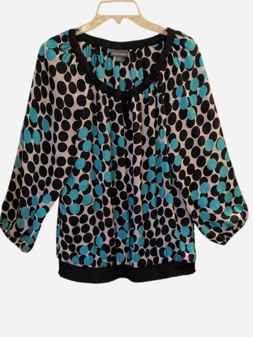 ROZ & ALI Black & Teal Polka Dot Peasant Blouse Size L